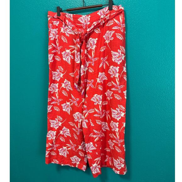 Maison d'Amelie Linen Blend Red Floral Beaded Sash Wide Leg Pant Women's Large - Picture 8 of 10